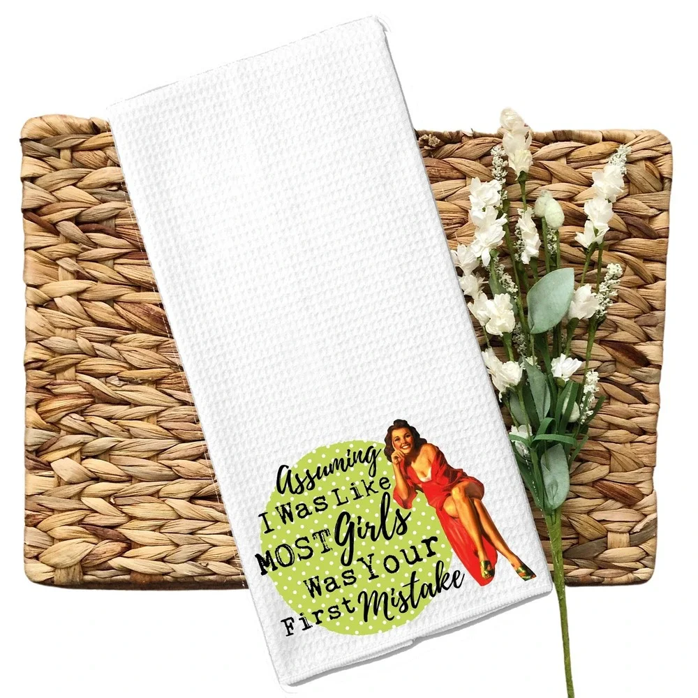 Retro Pinup Girl Waffle Weave Kitchen Towel Sassy Sarcastic Quote White 16x24